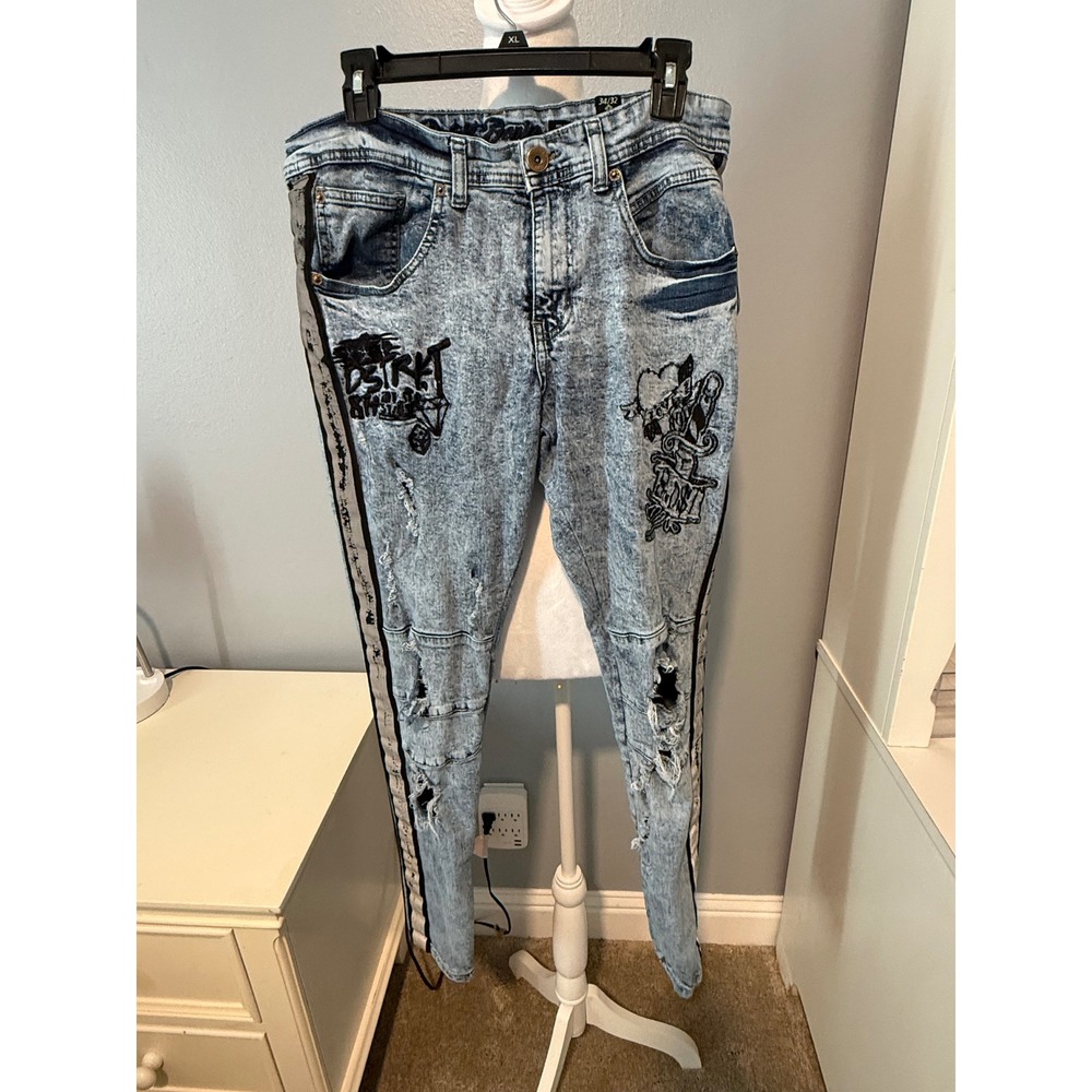 District 8 Denim Men's Jeans Acid Wash Distressed Embroidered Straight Fit 34x32